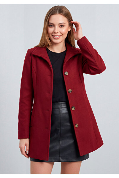 Little Visqon Kadın Bordo Dik Yaka Düğmeli Astarsız Kaşe Kaban