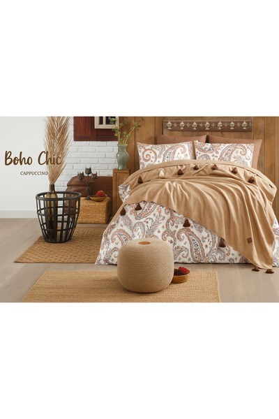 BOHO CHIC - Battaniye Nevresim Seti - Ponponlu - Çift Kişilik - Kırmızı