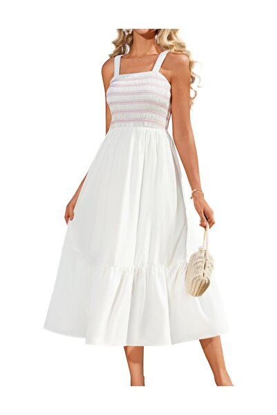 Grace Women's Elegant Summer Maxi Dress with Pockets and Spaghetti Straps – White L