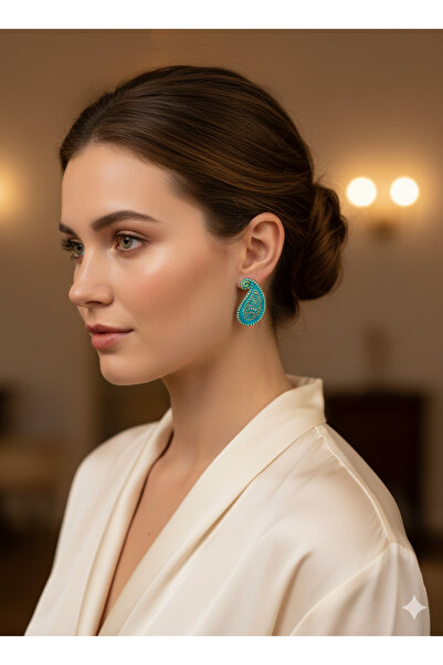 Lu Atelier Turquoise Paisley Küpe – Turkuaz Damla Formlu Altın Detaylı El Yap...