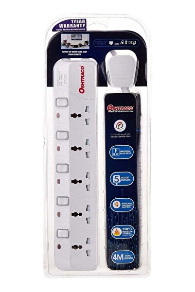 Oshtraco شريط طاقة بخمسة منافذ مع قابس عالمي وسلك مرن بطول 4 أمتار