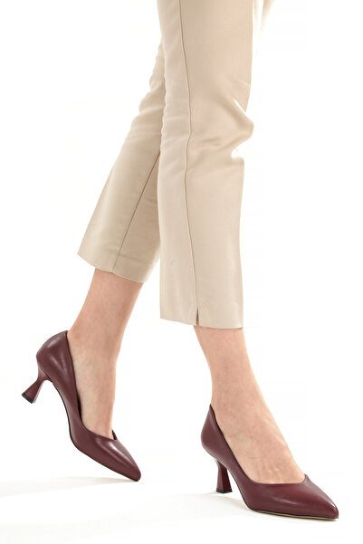 PAYZİN Stiletto Burgundy Leather 5 cm Goblet Heel V-Shaped Toe Low-Cut Pointe...