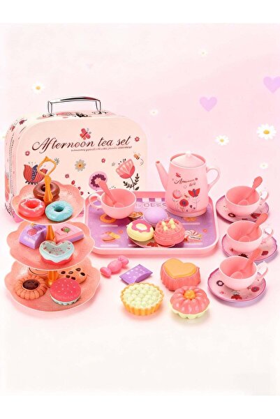 Yelajoy Girl Game Toy Set - Pretend Play Kitchen Tea Set, Portable Suitcase, 38 Pieces (Pink)