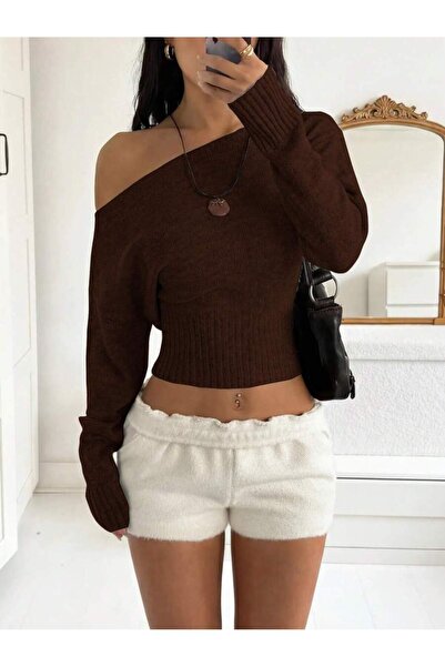 dgs look Brown Basic Asymmetrical Collar Crop Women's Knitwear Sweater