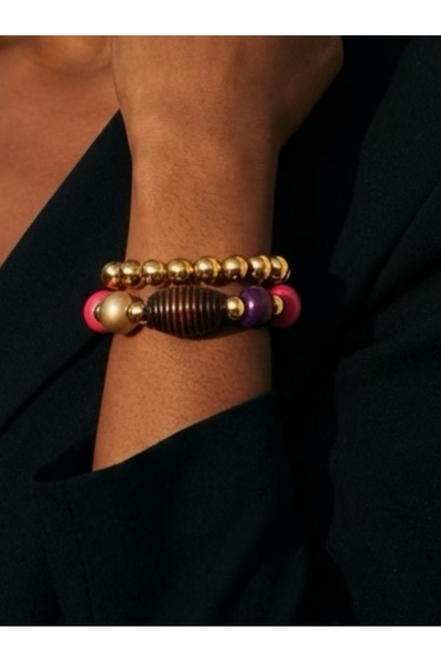 COCOSH TAKI Çok renkli ahşap boncuklu gold detaylı çoklu kombin bileklik