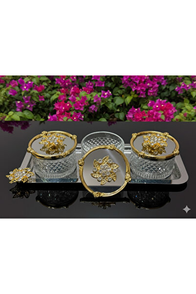 BAYUMAY BROŞ DETAYLI TEPSİLİ, GOLD ÇERÇEVELİ 3'LÜ İKRAMLIK, REÇELLİK