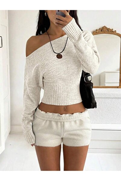 dgs look Ecru Basic Asymmetrical Collar Crop Women's Knitwear Sweater