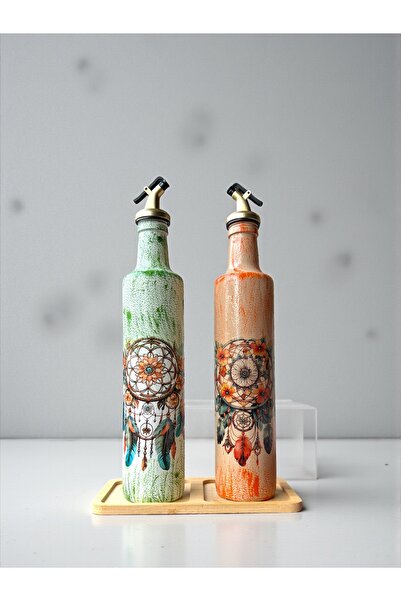 Mes Reves 500 ml Hand-Painted Glass Oil Bottle Set – Dreamcatcher Patterned |...