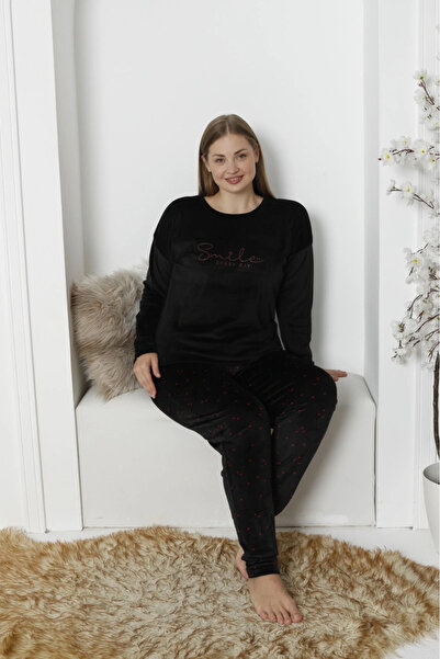 Pijamoni Women's Plus Size Soft Velvet Black Pajama Set