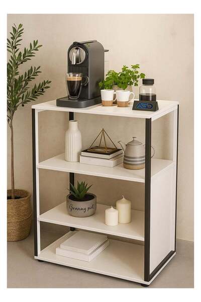 AGD Modern Entry Table – Corner Coffee Side Table with 4-Shelf Bookcase, White/Black