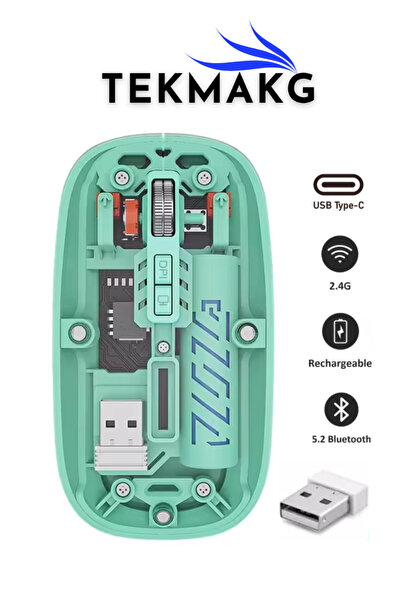 TEKMAKG Kablosuz Optik Mouse Şeffaf | Type-C Şarjlı | Bluetooth 5.2 | 2.4G Çi...