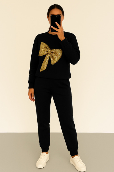 Fashionhaine.ro Geo women's tracksuit with decorative gold bow - elegant casu...