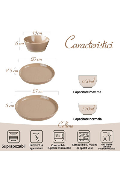 Callena Set de cină, ceramică, 12 piese, maro deschis cu buline negre și bază mată, Saturn