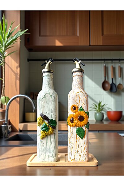 Mes Reves مجموعة زجاجات زيت مطلية يدويًا - زهرة الشمس والعنب منقوشة |   تأثير...