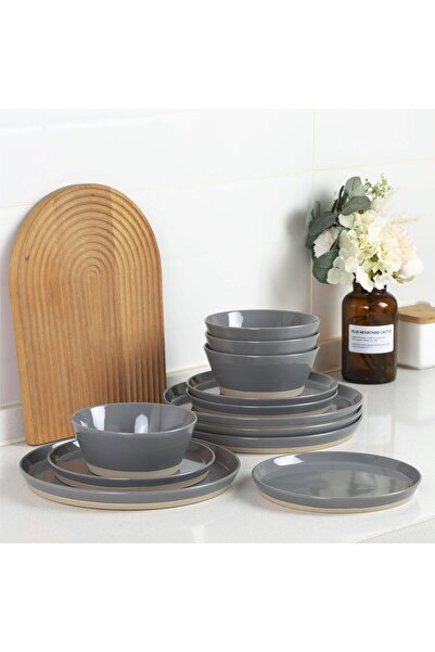 Callena Dinner set, ceramic, 12 pieces, dark gray with black dots and matte base, Saturn