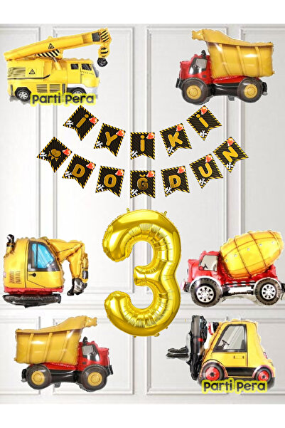 parti pera 3 Yaş Rakam Gold Balon Inşaat Temalı Doğum Günü Balon Seti Inşaat ...