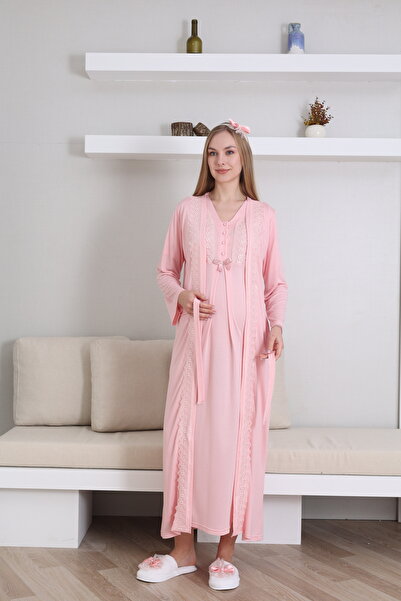 ERDENİZ TEKSTİL Hamile ve Lohusa Gecelik Sabahlık Takımı Uzun Boy Emzirme Öze...