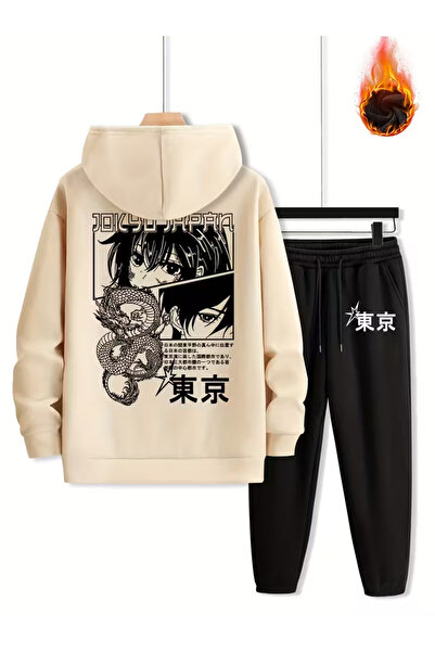 PENTHİLUS Unisex Anime Printed 3 Thread K Hooded Tracksuit Set