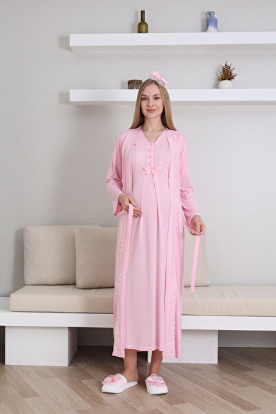 ERDENİZ TEKSTİL Hamile ve Lohusa Gecelik Sabahlık Takımı Uzun Boy Emzirme Öze...