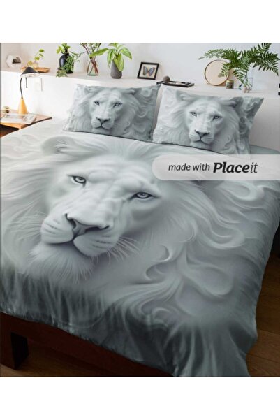 Elmas Dizayn Special Design Double Bedding Set 240X260 cm Cotton Satin Lion White