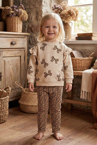 Babymod Bow Printed Leopard Patterned Double Cotton Baby Girl Children's Set