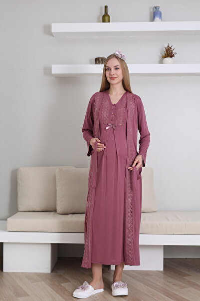 ERDENİZ TEKSTİL Hamile ve Lohusa Gecelik Sabahlık Takımı Uzun Boy Emzirme Öze...