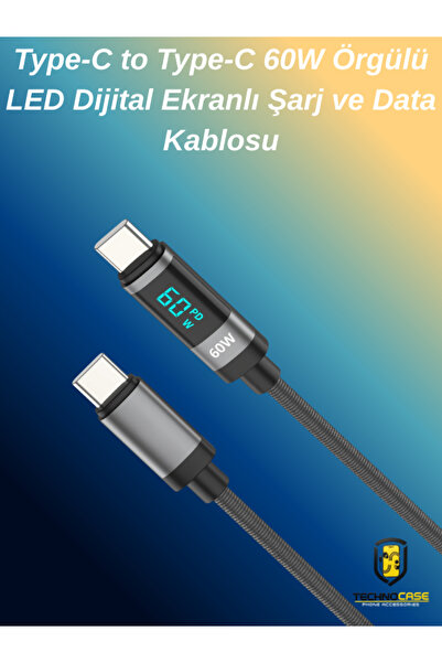 technocaseee Type-C to Type-C 60W Örgülü LED Dijital Ekranlı Şarj ve Data Kab...