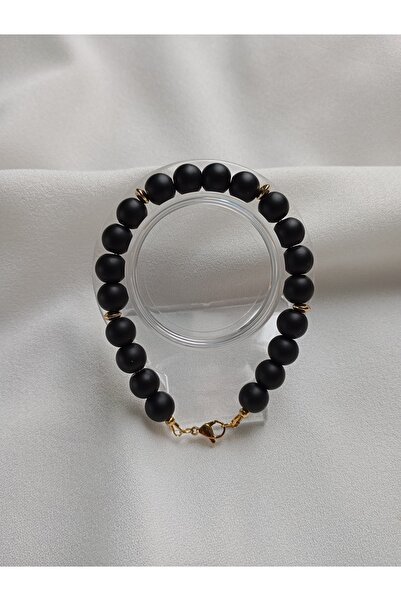 OEM Men's bracelet with matte Onyx beads and 18K gold-plated flat beads, 22.5 cm long