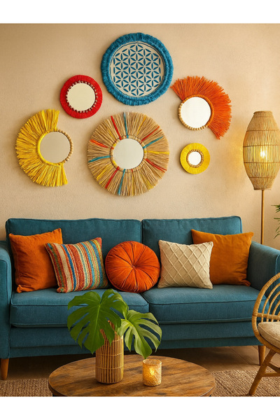 Aylak şeyler Renkli 6 parça bohem set ,rafya ayna seti ,renkli rafya duvar de...