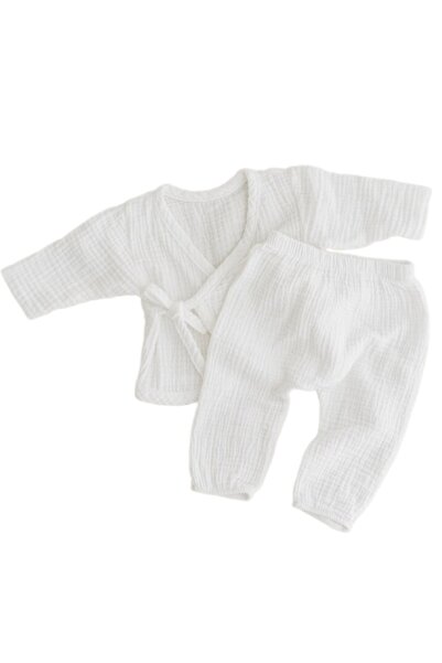 Kidizi Set tip kimono din muselina dubla Meadow alb 0-3 luni, include pantalo...