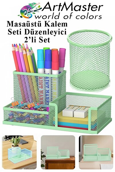 Artmaster Masaüstü Metal Silindir Kalemlik ve 3 lü Düzenleyici 1 Paket Fileli...