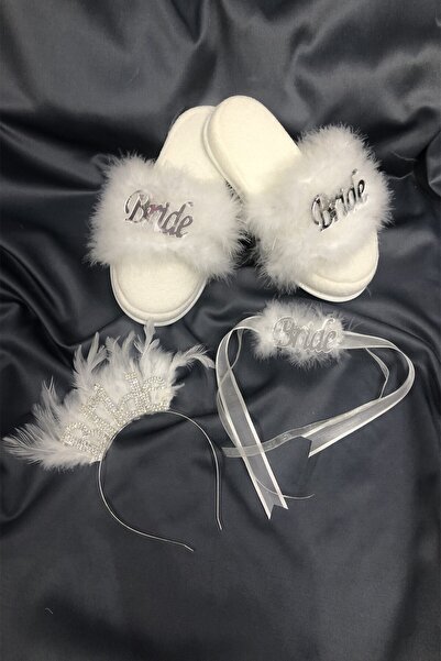 Limelia Beyaz Tüylü Bride Gelin Terliği ve Taç Seti