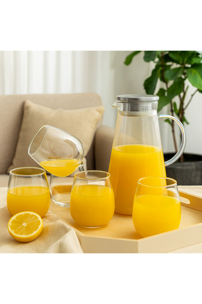 ALSAIF 🧃 Pyramid Glass Juice Jug Set with 4 Glasses - Stylish Metal Lid (5 Pieces)