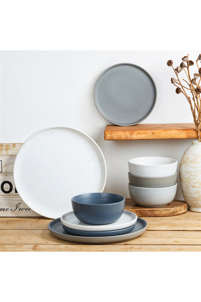 Callena Dinner set, ceramic, mix colors, with black dots, 12 pieces, Nordic Simplicity