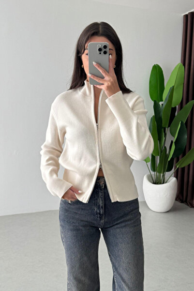 My Blog Ecru 100% Cotton Zippered Knitwear Cardigan - 0657