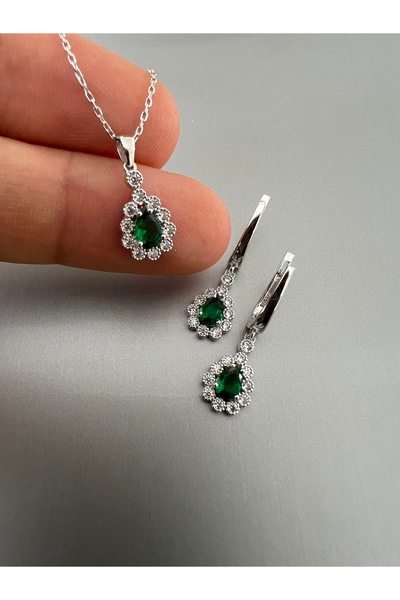 Zeta Jewel Gümüş Zümrüt Damla Taşlı Sallantılı Küpe ve Kolye Seti-Hediye Kutulu