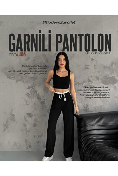 Mouillé Palazzo Pantolon Beli Lastikli Kontrast Garnili Geniş Paça
