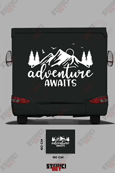 STİCKERCI BEY ملصق كارافان مزين بصورة جبل وشجرة مع عبارة 'المغامرة تنتظر'