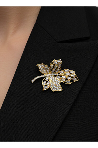GKCBijoux Akçaağaç Çınar Yaprağı Figürlü Gold Broş
