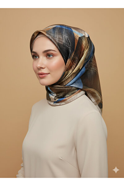 Levidor 90x90 İpek Görünümlü Kahverengi - Mavi Kristal Eşarp – Kaymayan Twill Şık Tasarım