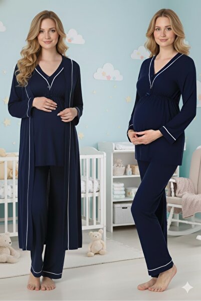 LOHOUSE Kadın Biyeli Uzun Kollu Lohusa Hamile Sabahlıklı 3'Lü Pijama Takımı Seti