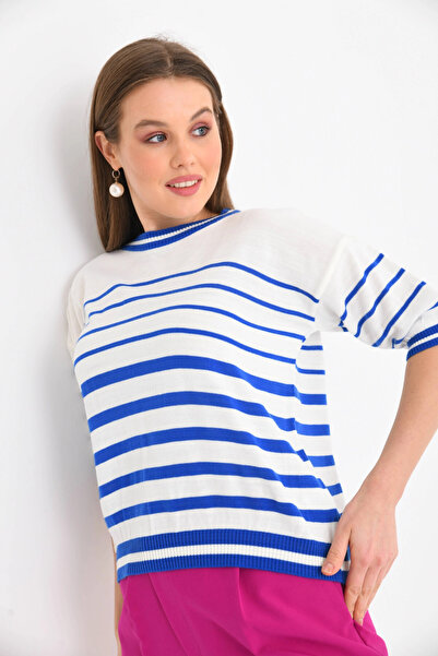 Park Karon Women's Crew Neck Short Sleeve Striped Knit Sweater 10055