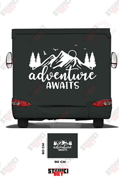 STİCKERCI BEY ملصق كارافان مزين بصورة جبل وشجرة مع عبارة 'المغامرة تنتظر'