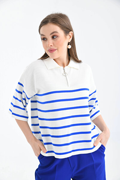 Park Karon Women's Polo Neck Short Sleeve Zipper Detail Knitwear Sweater 10099