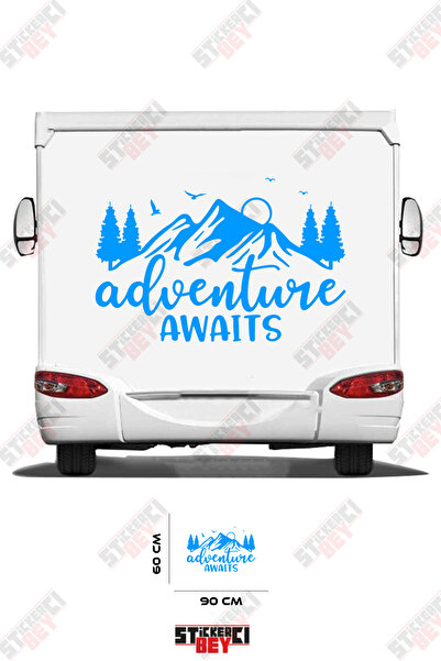 STİCKERCI BEY ملصق كارافان مزين بصورة جبل وشجرة مع عبارة 'المغامرة تنتظر'