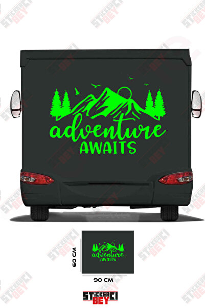 STİCKERCI BEY ملصق كارافان مزين بصورة جبل وشجرة مع عبارة 'المغامرة تنتظر'