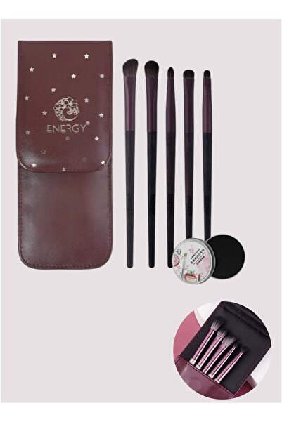 Energy 5-Piece Eye Makeup Brush Set with Cleaning Sponge & Leather Pouch – Soft Synthetic Bristles