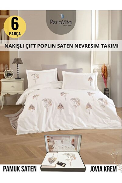 Dantela JOVIA KREM Nakışlı Çift Kişilik Pamuk Saten Nevresim Takımı 6 parca