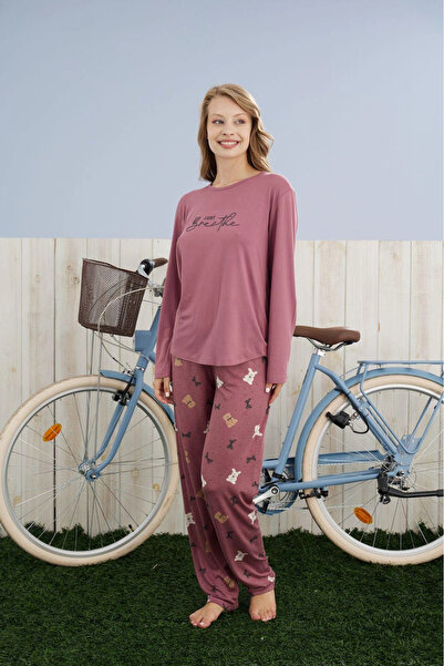 Pijamoni طقم بيجامة نسائي من قماش ميلان بياقة دائرية بلون وردي باهت