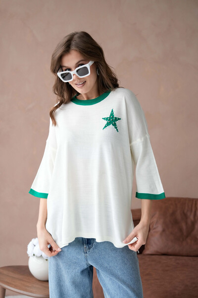 Park Karon Women's Crew Neck Stone Embroidered Y Slit O Oversized Knitwear Sweater 10042